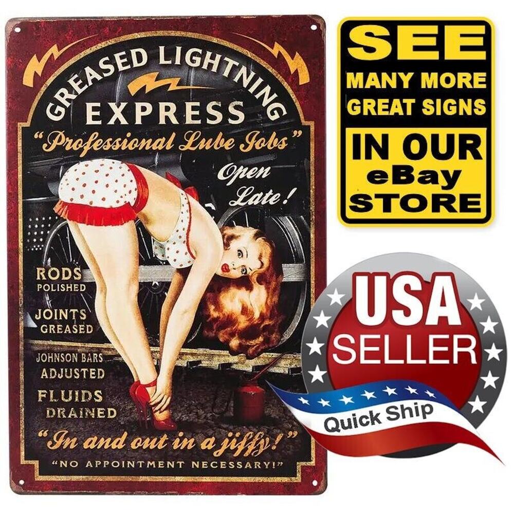 Metal Tin Sign Pin Up Poster • Greased Lightning Express • Pro Lube Jobs • 8x12